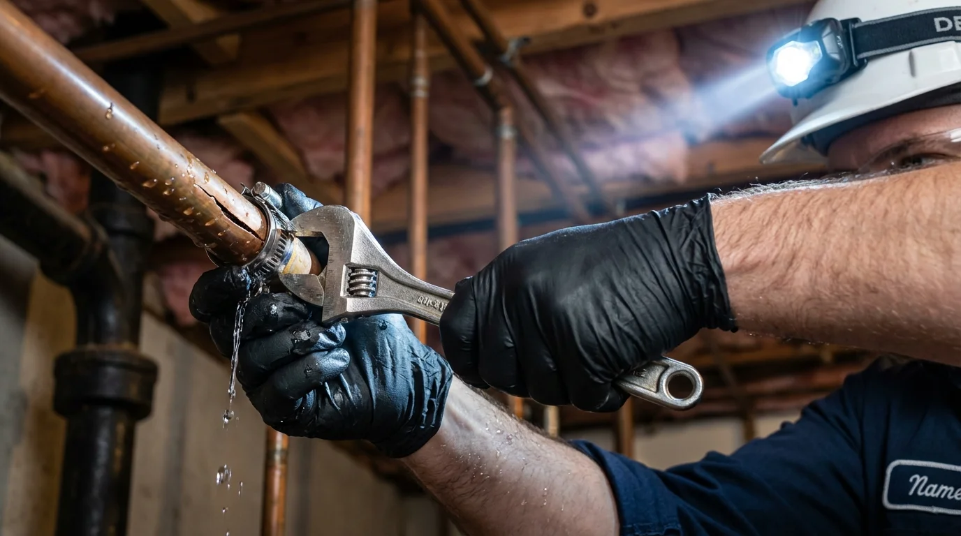 Emergency pipe clamp repair being performed by a Johns Plumbing LLC plumber in Princeville