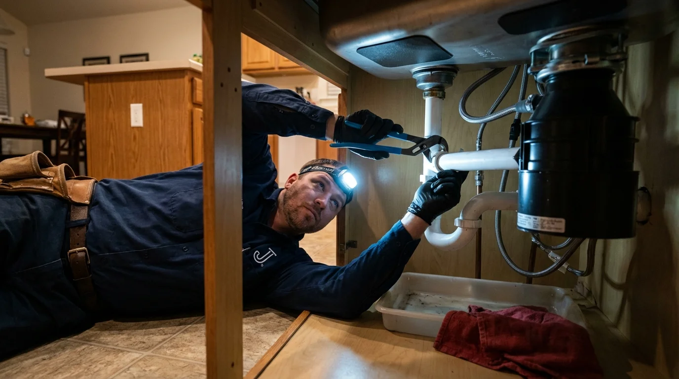 P-trap and supply line connections under a kitchen sink showing a common leak point in Princeville, HI